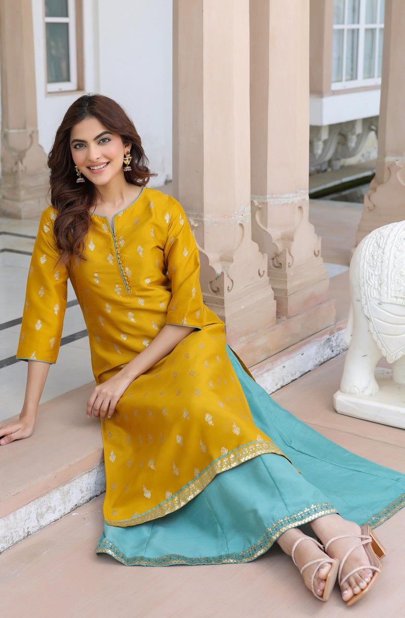 Janasya Women's Mustard Silk Blend Gold Print Anarkali Ethnic Dress (J0006-SET-RE-M) - Image 3