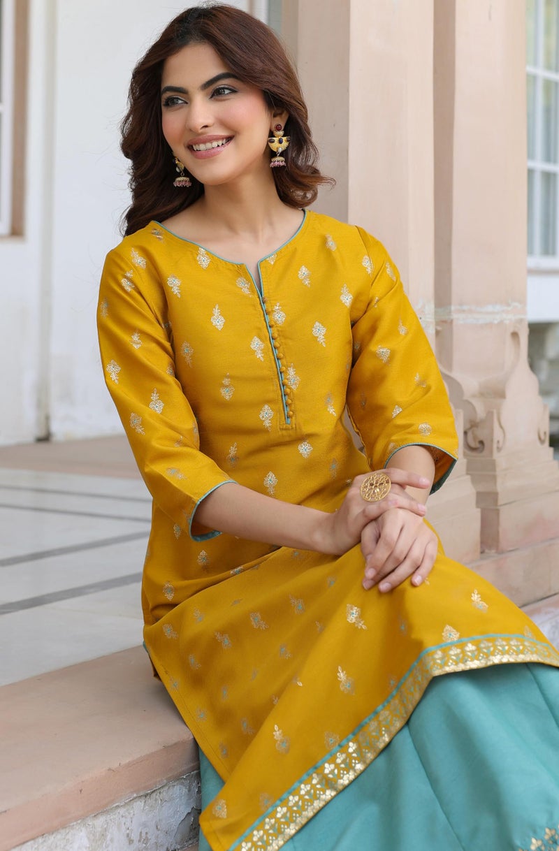 Janasya Women's Mustard Silk Blend Gold Print Anarkali Ethnic Dress (J0006-SET-RE-M) - Image 2