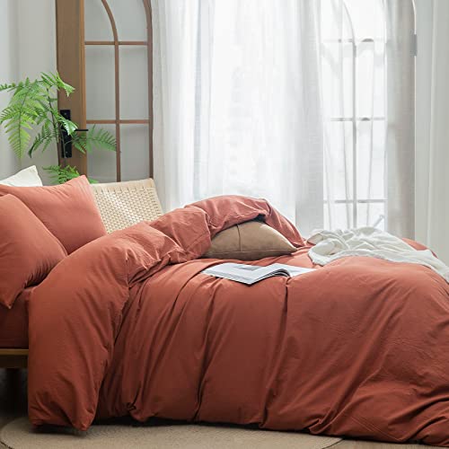 BESTOUCH Duvet Cover Set 100% Washed Cotton Linen Feel Super Soft Comfortable Chic Lightweight 3 PCs Home Bedding Set Crimson Red Queen - Image 3