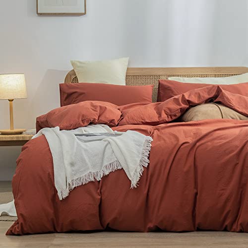 BESTOUCH Duvet Cover Set 100% Washed Cotton Linen Feel Super Soft Comfortable Chic Lightweight 3 PCs Home Bedding Set Crimson Red Queen - Image 1