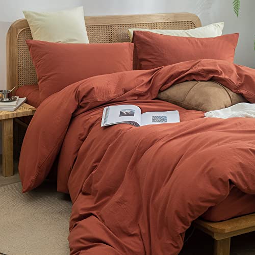 BESTOUCH Duvet Cover Set 100% Washed Cotton Linen Feel Super Soft Comfortable Chic Lightweight 3 PCs Home Bedding Set Crimson Red Queen - Image 5