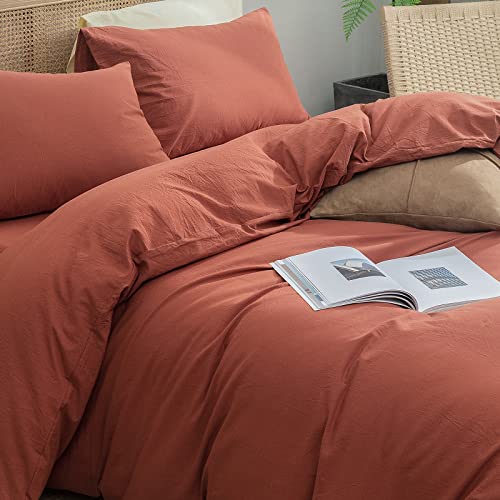 BESTOUCH Duvet Cover Set 100% Washed Cotton Linen Feel Super Soft Comfortable Chic Lightweight 3 PCs Home Bedding Set Crimson Red Queen - Image 2