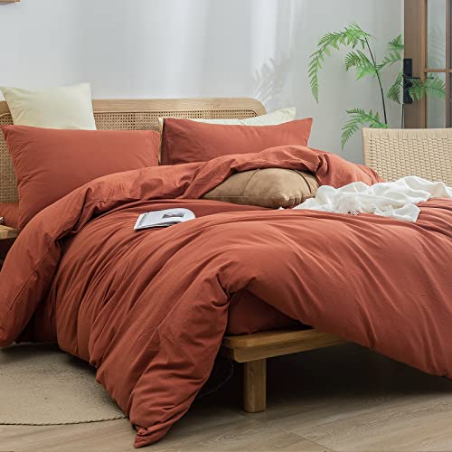 BESTOUCH Duvet Cover Set 100% Washed Cotton Linen Feel Super Soft Comfortable Chic Lightweight 3 PCs Home Bedding Set Crimson Red Queen - Image 4