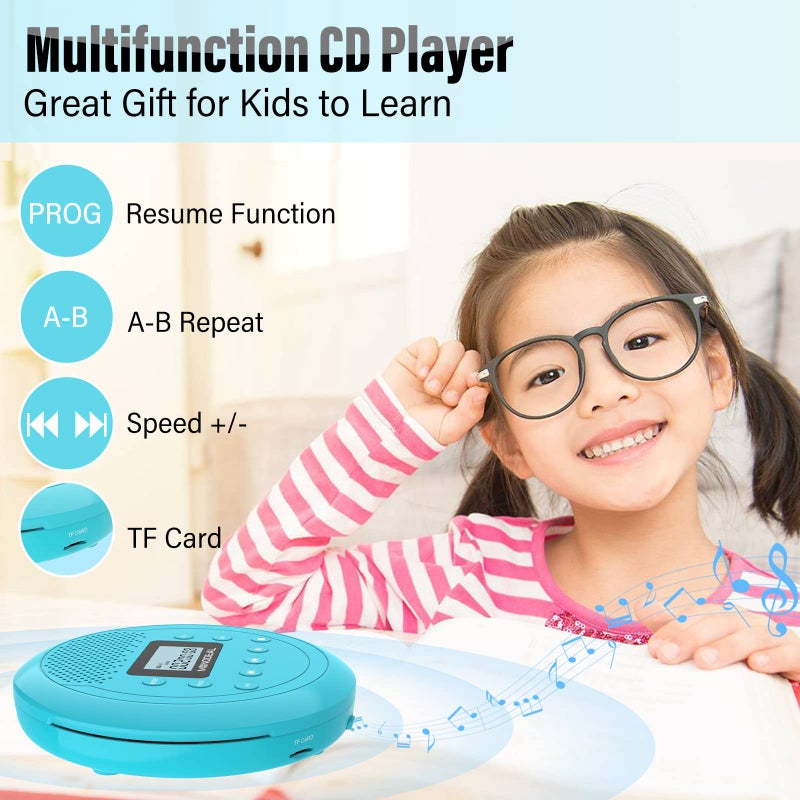 MONODEAL CD Player Portable | Speaker Built-in Rechargeable CD Player for Car and Home, Kids, Anti-Skip Player with Headphones(Cyan-Blue) - Image 3