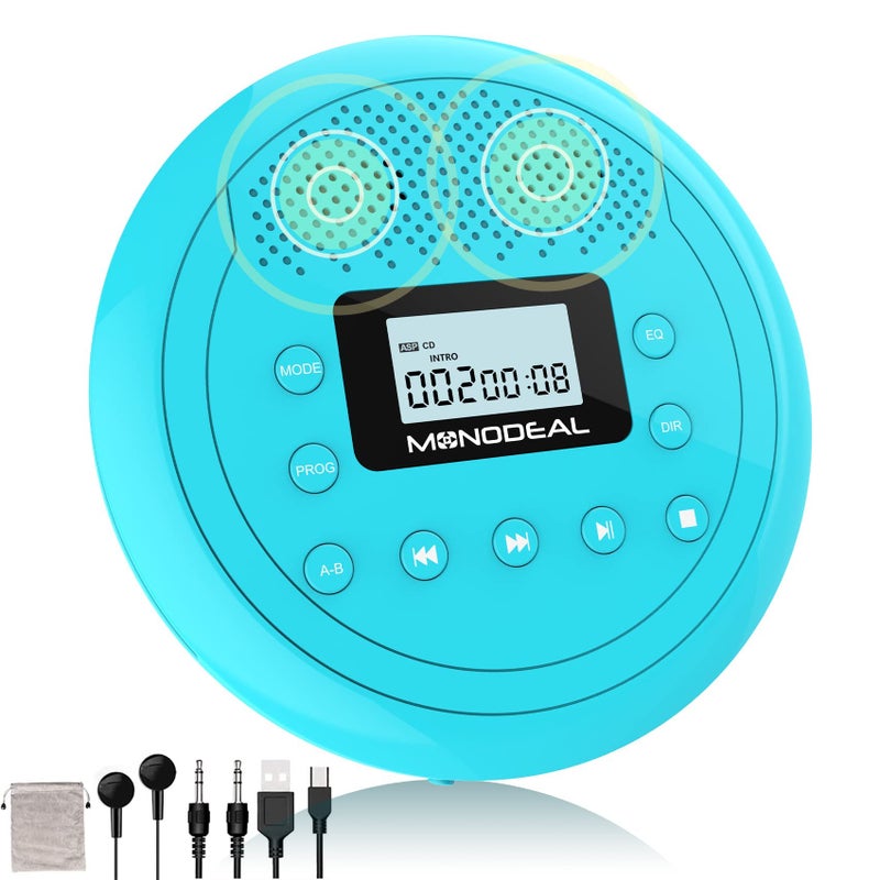 MONODEAL CD Player Portable | Speaker Built-in Rechargeable CD Player for Car and Home, Kids, Anti-Skip Player with Headphones(Cyan-Blue) - Image 1
