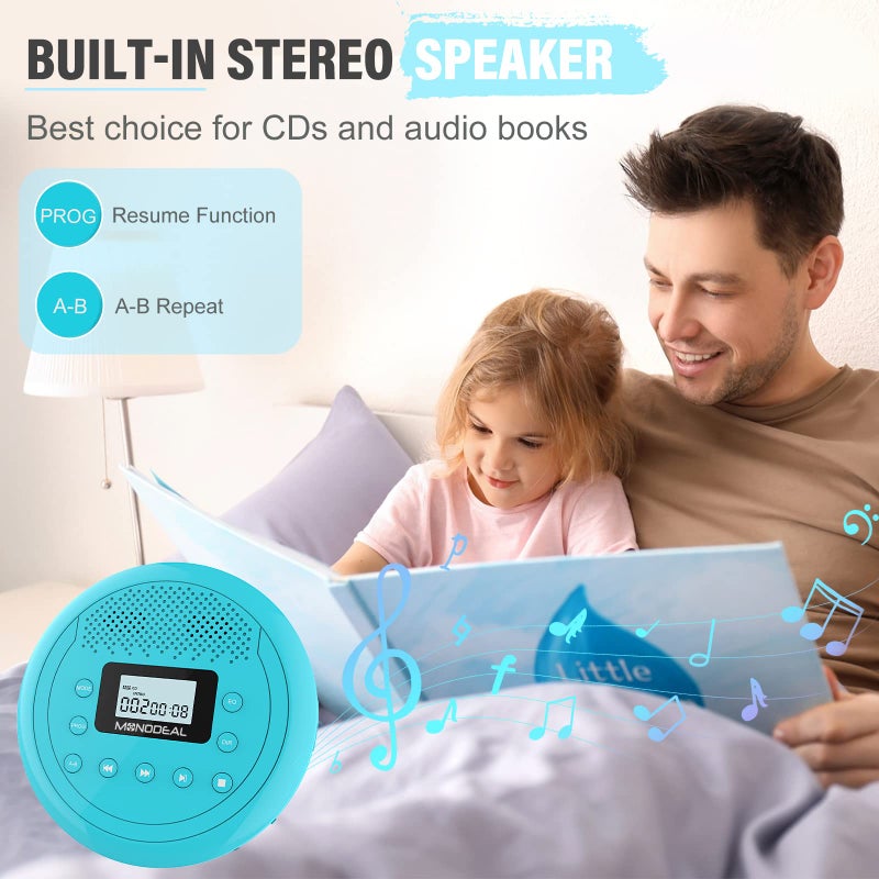MONODEAL CD Player Portable | Speaker Built-in Rechargeable CD Player for Car and Home, Kids, Anti-Skip Player with Headphones(Cyan-Blue) - Image 2