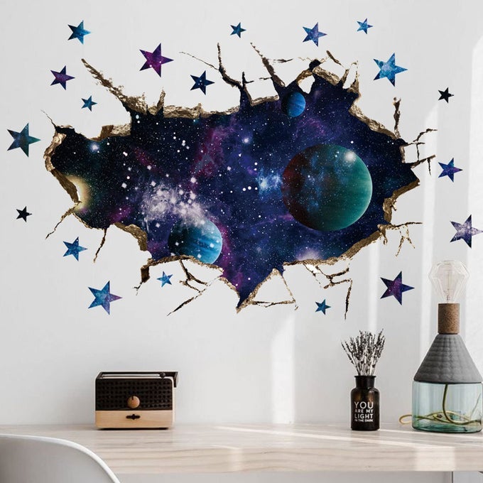 3D SPACE GALAXY WALL DECOR STICKERS REMOVABLE BROKEN OUTER SPACE PLANET WATERPROOF VINYL FLOOR DECALS 3D ART MAGIC WALL MURAL DECALS FOR BEDROOM LIVING ROOM HOME WALL DECOR