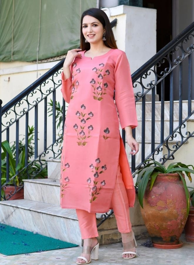 DAVANCHY Women's Hand Brush Kurta Peach Opada Silk Kurta Elegant Designer Kurta Stylish Ethnic Wear Piece - Image 5