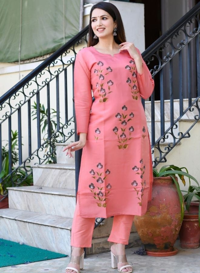 DAVANCHY Women's Hand Brush Kurta Peach Opada Silk Kurta Elegant Designer Kurta Stylish Ethnic Wear Piece - Image 4