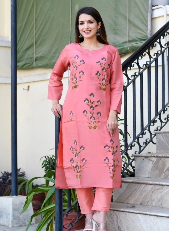 DAVANCHY Women's Hand Brush Kurta Peach Opada Silk Kurta Elegant Designer Kurta Stylish Ethnic Wear Piece - Image 2