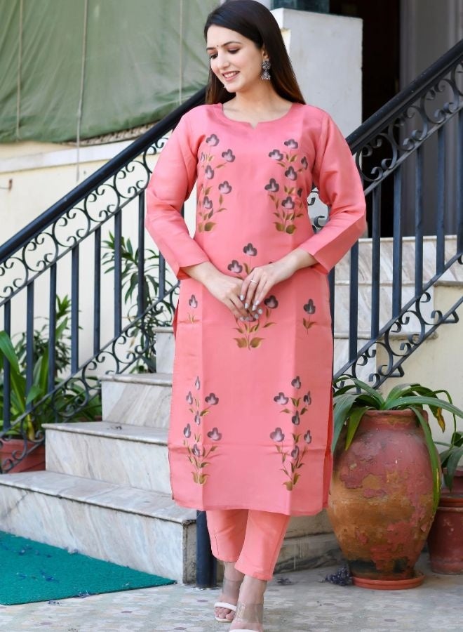 DAVANCHY Women's Hand Brush Kurta Peach Opada Silk Kurta Elegant Designer Kurta Stylish Ethnic Wear Piece - Image 1