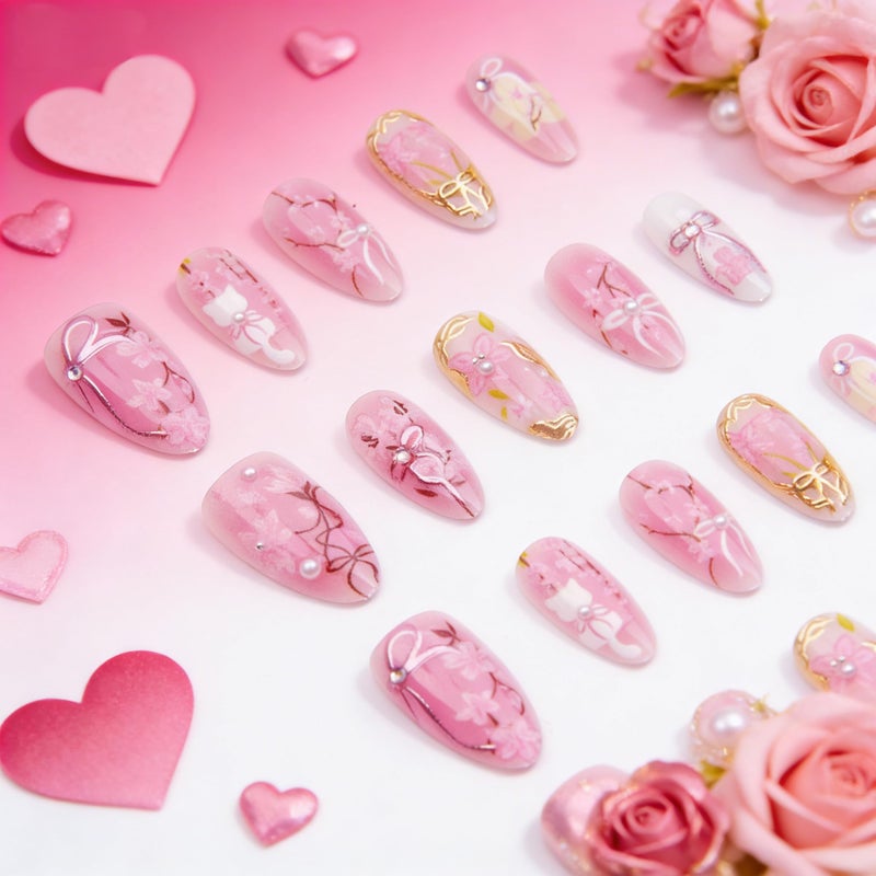 KRTBKR 30Pcs Pink Flower Press on Nails Medium Almond Fake Nails Peach Blossom with 3D Rhinestones Pearl Gold Glitter Design Artificial Cute Cat Nails Stick on Nails Spring False Nails for Women Acrylic Nail - Image 5