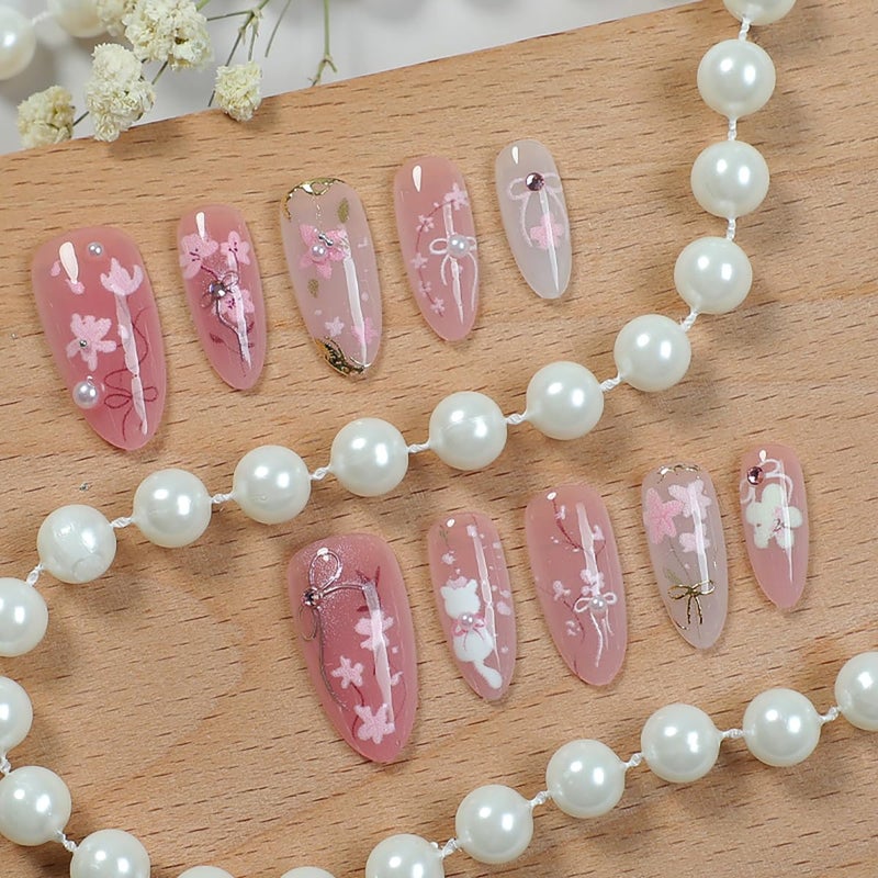 KRTBKR 30Pcs Pink Flower Press on Nails Medium Almond Fake Nails Peach Blossom with 3D Rhinestones Pearl Gold Glitter Design Artificial Cute Cat Nails Stick on Nails Spring False Nails for Women Acrylic Nail - Image 2