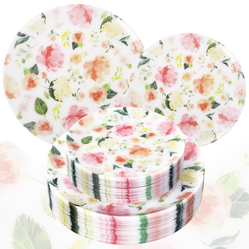 Joyido 60 PCS Floral Plastic Plates - Pink Disposable Decorative Plates Include 30 Dinner Plate, 30 Dessert Plate for Wedding & Tea Party & Spring - Image 1