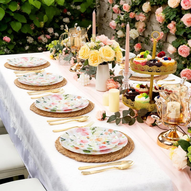 Joyido 60 PCS Floral Plastic Plates - Pink Disposable Decorative Plates Include 30 Dinner Plate, 30 Dessert Plate for Wedding & Tea Party & Spring - Image 5