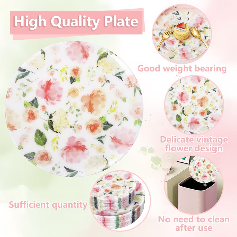 Joyido 60 PCS Floral Plastic Plates - Pink Disposable Decorative Plates Include 30 Dinner Plate, 30 Dessert Plate for Wedding & Tea Party & Spring - Image 3
