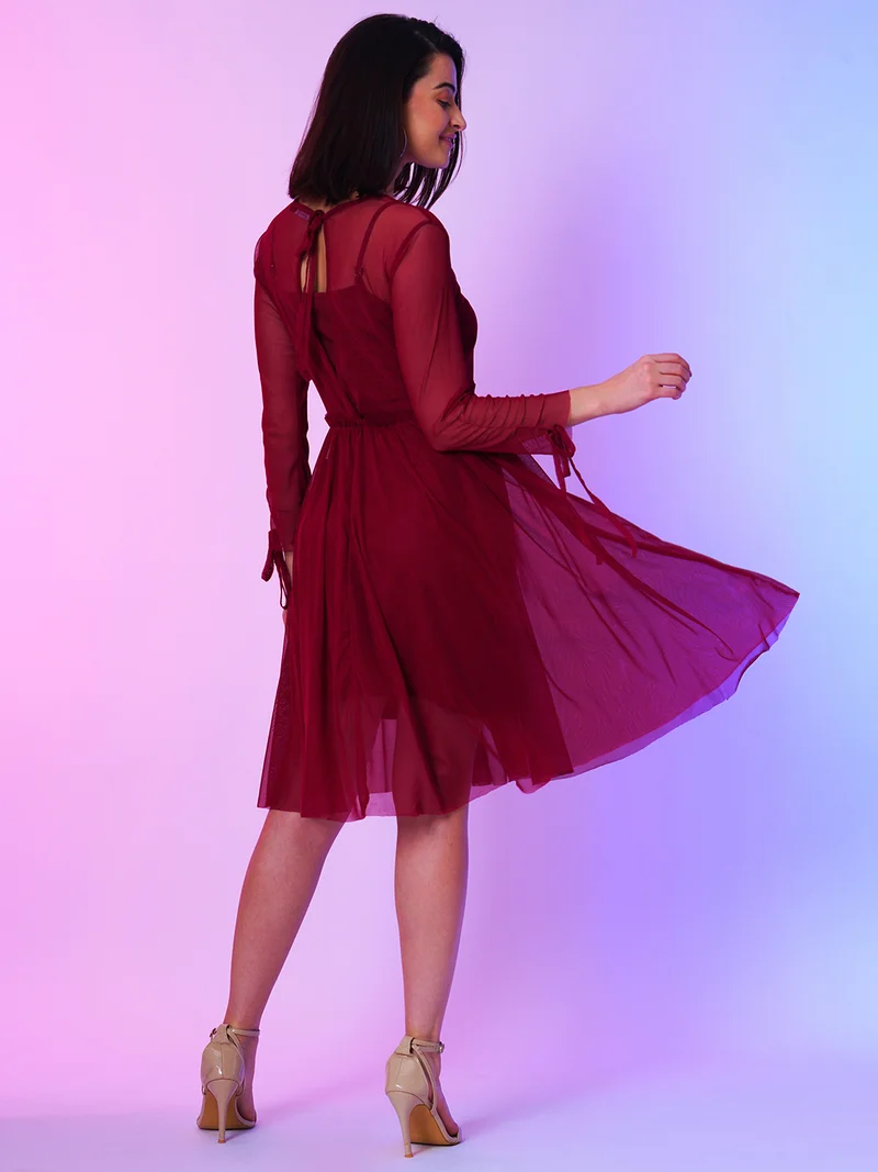 globus Women Maroon V-Neck Gathered Net Fit & Flare Front Wrap Dress With Inner