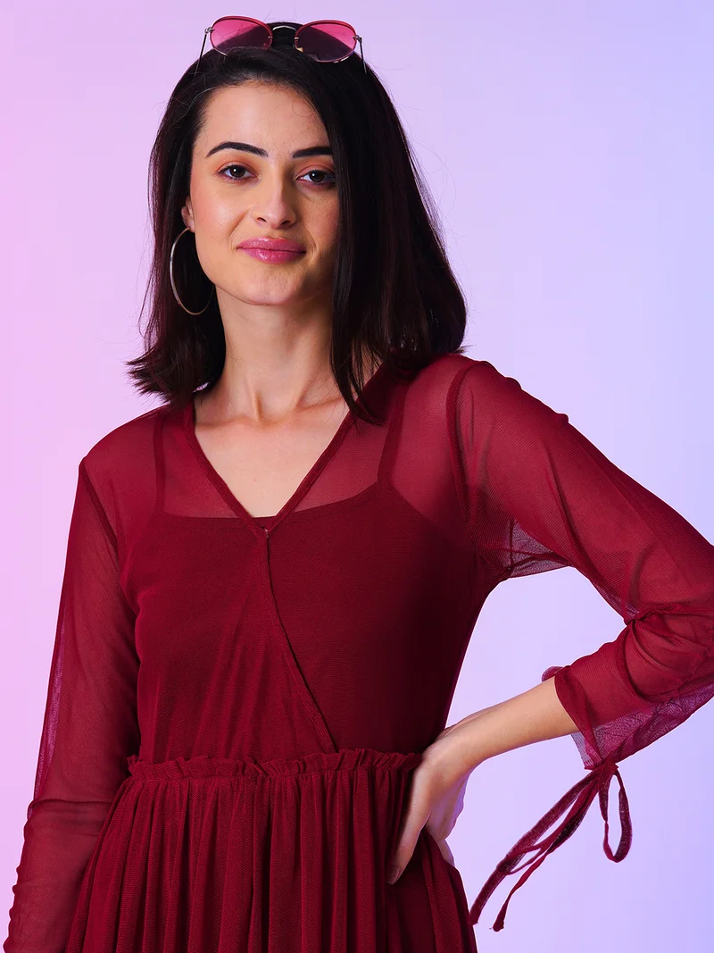 globus Women Maroon V-Neck Gathered Net Fit & Flare Front Wrap Dress With Inner
