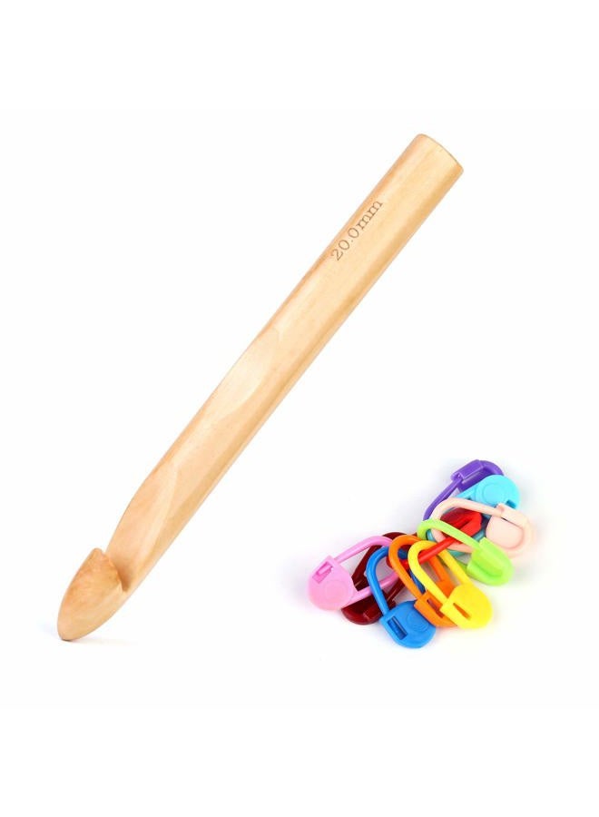 Dercuy Wooden Crochet Hooks, 20mm Wooden Handle Crochet Hook Bamboo Knitting Crochet Needles with 10 pcs Knitting Stitch Markers for Handcraft Crocheting - Image 1