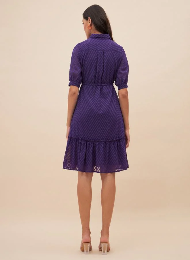FEMELLA Chevron Dobby Drawstring Detail Knee Length Dress by Styli