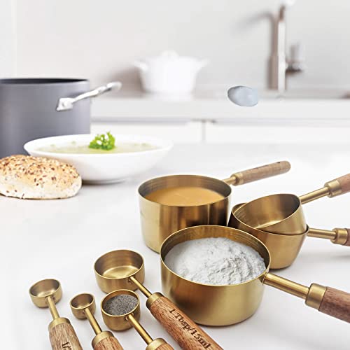 Zalaxt Gold Measuring Cups and Spoons Set with Fragrant Wood Handle, Measuring Cups, Metal Measuring Spoons and Measuring Cup Set for Cooking & Baking, Set of 8 pcs - Image 2