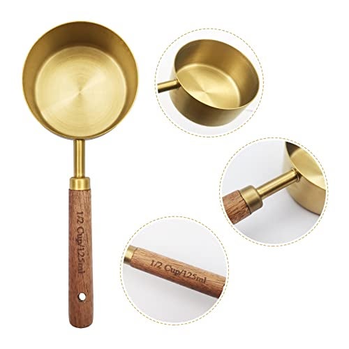 Zalaxt Gold Measuring Cups and Spoons Set with Fragrant Wood Handle, Measuring Cups, Metal Measuring Spoons and Measuring Cup Set for Cooking & Baking, Set of 8 pcs - Image 3