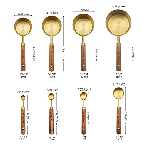 Zalaxt Gold Measuring Cups and Spoons Set with Fragrant Wood Handle, Measuring Cups, Metal Measuring Spoons and Measuring Cup Set for Cooking & Baking, Set of 8 pcs - Image 4