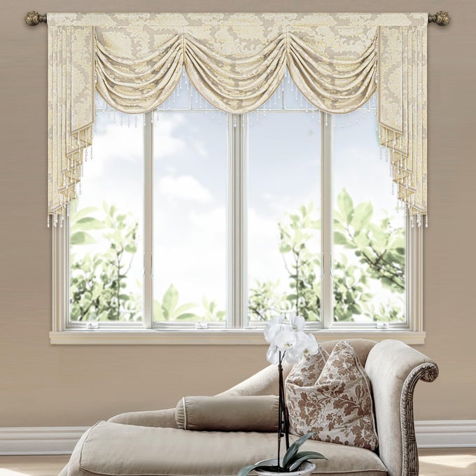 LUXURY JACQUARD WATERFALL VALANCE FOR LIVING ROOM ELEGANT DAMASK SWAG WINDOW VALANCES WITH BEADS BEIGE SWAG CURTAINS FOR BEDROOM BANQUET HOLIDAY DECORATIONW79INCH1 PANEL