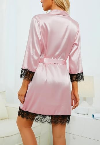 LYANER Women's 4pcs Sleepwear Satin Floral Lace Trim Cami Pajama Set with Robe Light Pink Small - Image 4