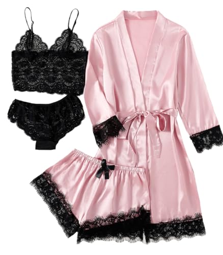 LYANER Women's 4pcs Sleepwear Satin Floral Lace Trim Cami Pajama Set with Robe Light Pink Small - Image 1