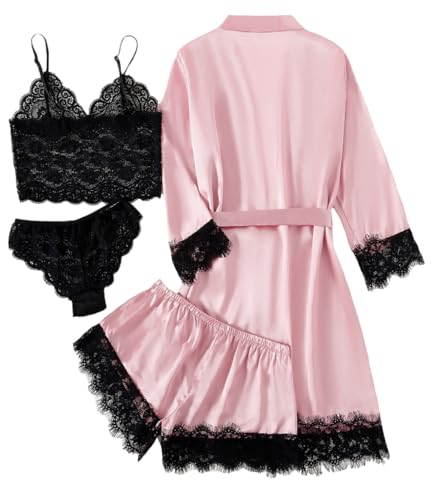 LYANER Women's 4pcs Sleepwear Satin Floral Lace Trim Cami Pajama Set with Robe Light Pink Small - Image 2
