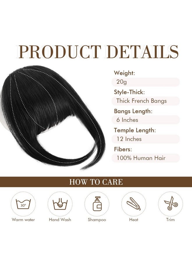REECHO - Bangs Hair Clip In Bangs 100% Real Human Hair 3 Secure Clips In Blunt Cut Full Fringe French Bangs Natural Thick Volume Black Fake Bangs With Temples Hairpieces For Women Daily Wear Black - Image 1