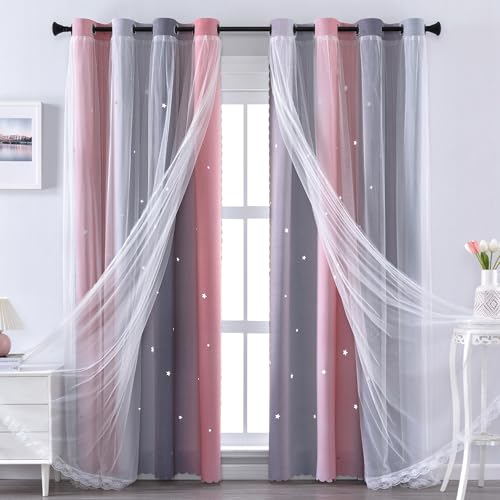 XiDi Pink and Grey Star Blackout Curtains for Girls Bedroom 63 Inch Length 2 Panels Room Darkening Thermal Insulated Grommet Window Drapes for Kids Nursery Room Home Decro Ombre Pink Grey 34W x 63L - Image 1