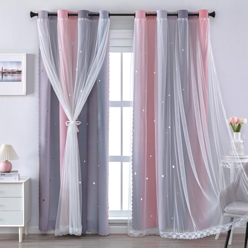 XiDi Pink and Grey Star Blackout Curtains for Girls Bedroom 63 Inch Length 2 Panels Room Darkening Thermal Insulated Grommet Window Drapes for Kids Nursery Room Home Decro Ombre Pink Grey 34W x 63L - Image 3