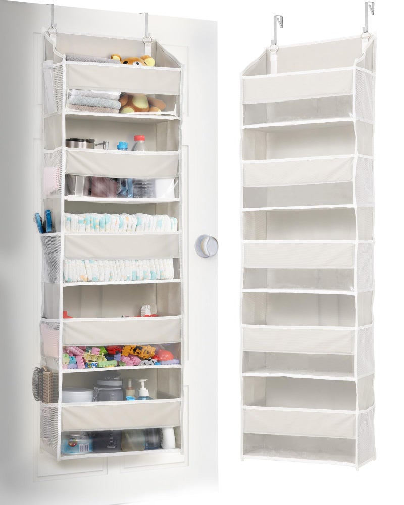 ULG 1-Pack Over Door Organizer with 5 Large Pockets 10 Mesh Side Pockets, 44 lbs Weight Capacity Hanging Storage Organizer with Clear Window for Bedroom Bathroom Kitchen, RV, Camper, Beige - Image 1