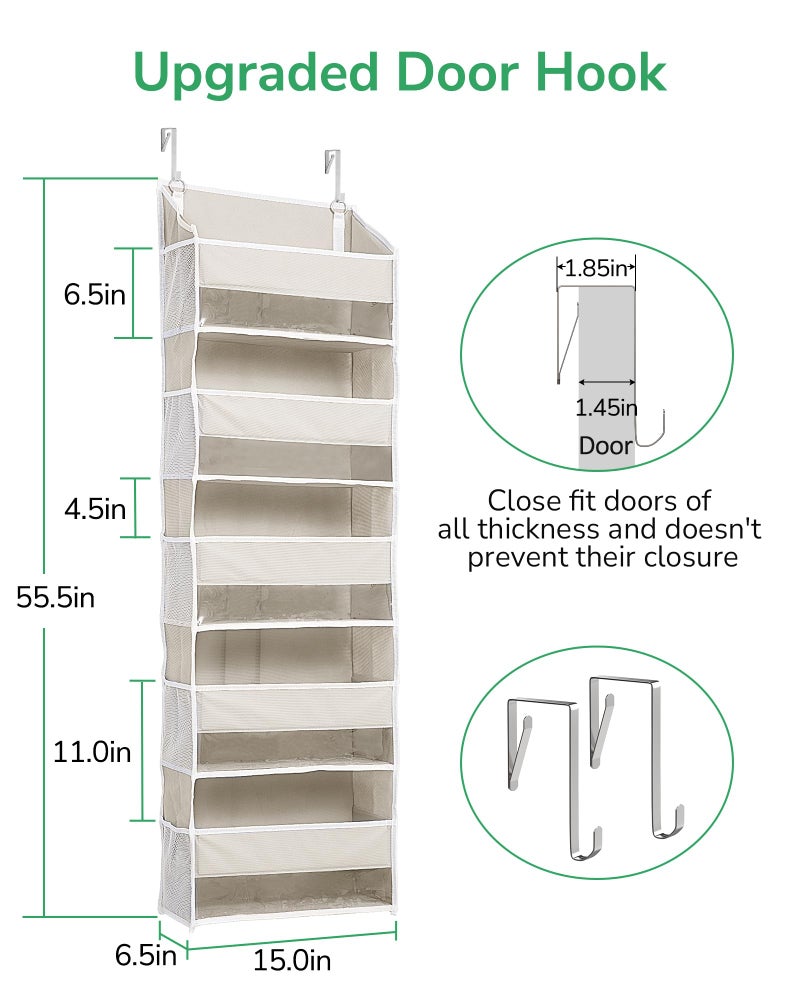 ULG 1-Pack Over Door Organizer with 5 Large Pockets 10 Mesh Side Pockets, 44 lbs Weight Capacity Hanging Storage Organizer with Clear Window for Bedroom Bathroom Kitchen, RV, Camper, Beige - Image 4