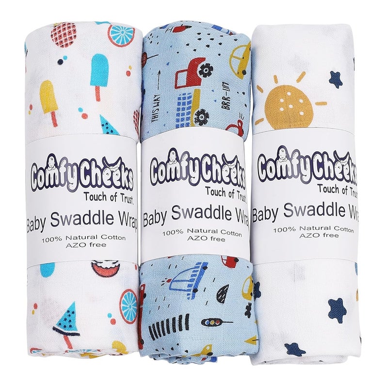 Comfy Cheeks 100 Cotton Muslin Baby Swaddle Set Pack of 3 Size115cm x 100cm Swaddlers for 018 Month Printed Mulmal Muslin Swaddle Wrap for Newborn BabyBaby Towel - Image 1