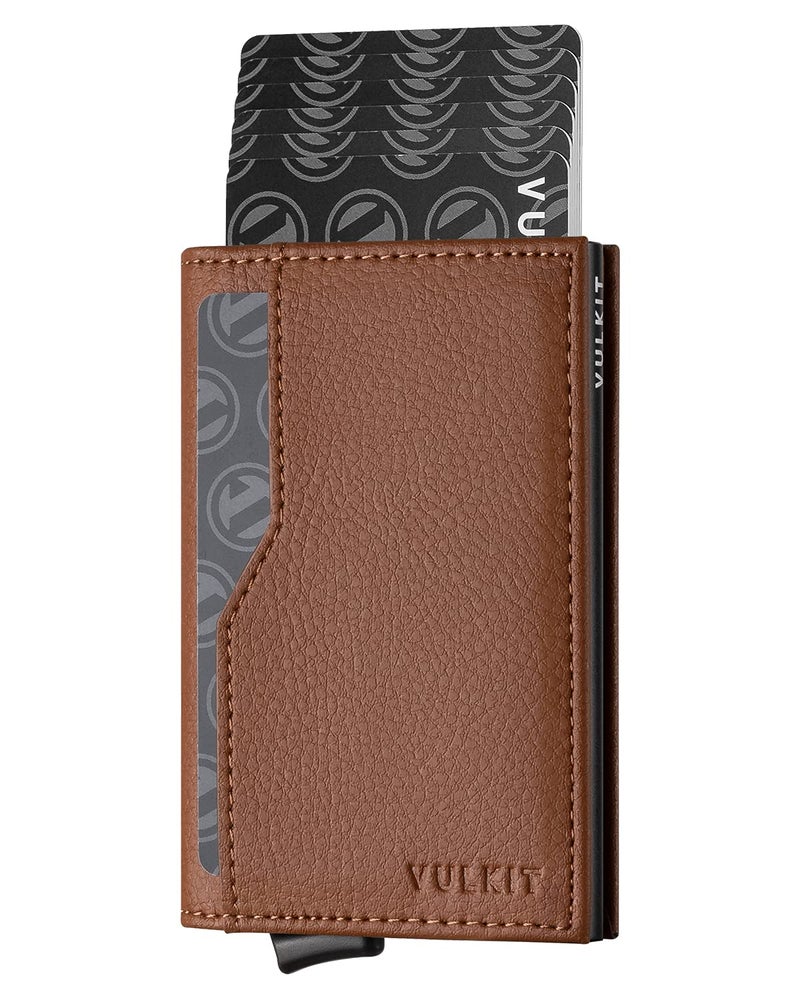 VULKIT محفظة حامل بطاقات VULKIT مع نوافذ مزدوجة للهوية، حماية RFID، محفظة منبثقة بتصميم بسيط لـ 12 بطاقة، بني - Image 1
