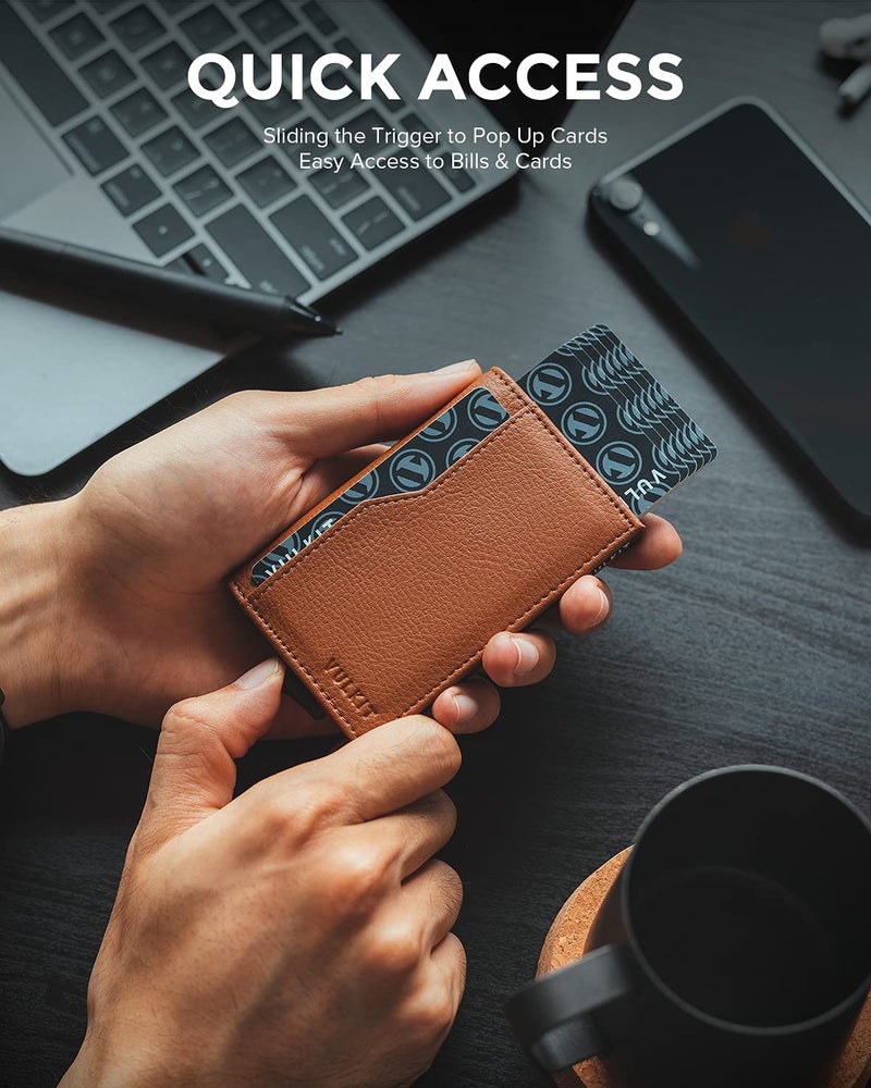 VULKIT محفظة حامل بطاقات VULKIT مع نوافذ مزدوجة للهوية، حماية RFID، محفظة منبثقة بتصميم بسيط لـ 12 بطاقة، بني - Image 2