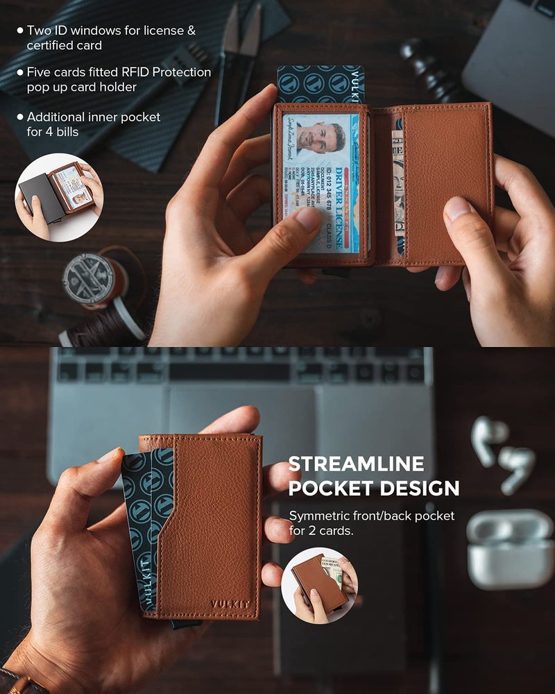 VULKIT محفظة حامل بطاقات VULKIT مع نوافذ مزدوجة للهوية، حماية RFID، محفظة منبثقة بتصميم بسيط لـ 12 بطاقة، بني - Image 3