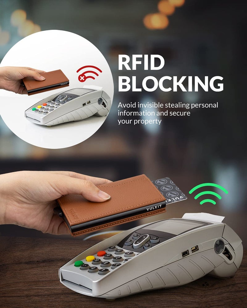 VULKIT محفظة حامل بطاقات VULKIT مع نوافذ مزدوجة للهوية، حماية RFID، محفظة منبثقة بتصميم بسيط لـ 12 بطاقة، بني - Image 5