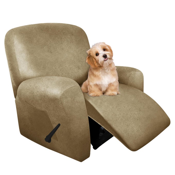 Recliner Chair Covers 4 Pieces Leather Like Large Recliner Covers with Pocket Soft Non Slip Stretch Recliner Slipcover for Lazy Boy Recliner Chair Washable Furniture Protector Mustard