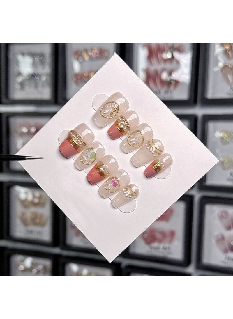 SCHAVO Pearl Gold Thread Glitter Short Fake Nails False Nail  - Image 1