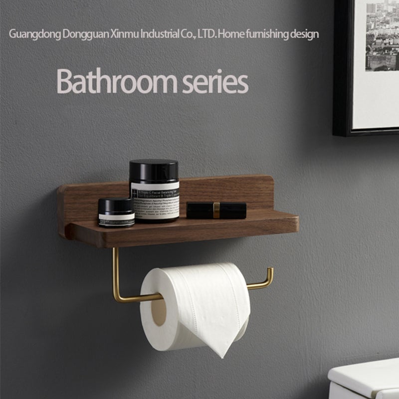 Solid wood brass paper towel holder toilet punch-free bathroom toilet creative kitchen roll paper holder toilet paper holder wooden Black walnut paper towel holder single roll - Image 4
