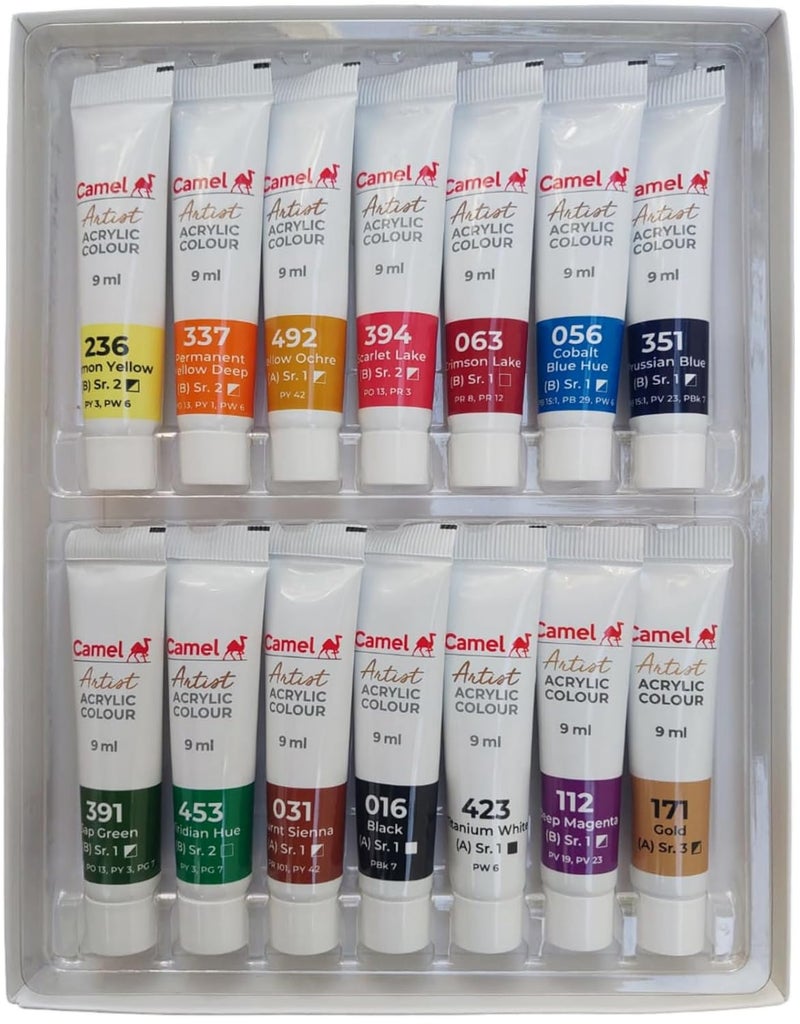 Camel Acrylic Color Box - 9ml Tubes, 14 Shades, including Gold & Deep Magenta Colour - Image 2