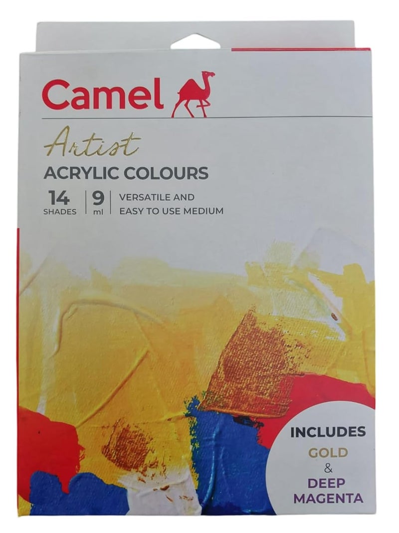 Camel Acrylic Color Box - 9ml Tubes, 14 Shades, including Gold & Deep Magenta Colour - Image 1
