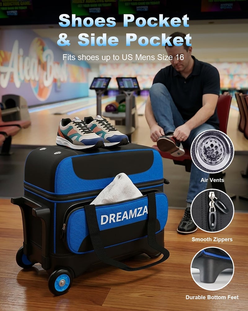 DREAMZA 2 Ball Bowling Bag with Wheels, Double Bowling Ball Bag 2 Ball Roller w/Separate Compartment for Shoes Up to US Mens Size 16, w/Retractable Handle Extends to 40" & Accessories Pocket - Image 4