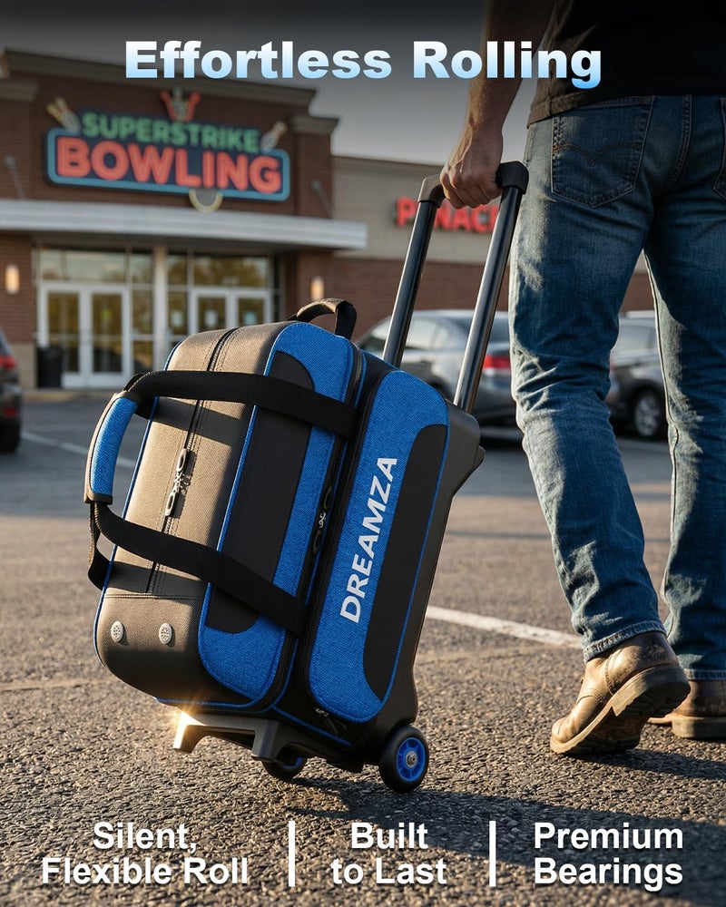 DREAMZA 2 Ball Bowling Bag with Wheels, Double Bowling Ball Bag 2 Ball Roller w/Separate Compartment for Shoes Up to US Mens Size 16, w/Retractable Handle Extends to 40" & Accessories Pocket - Image 2