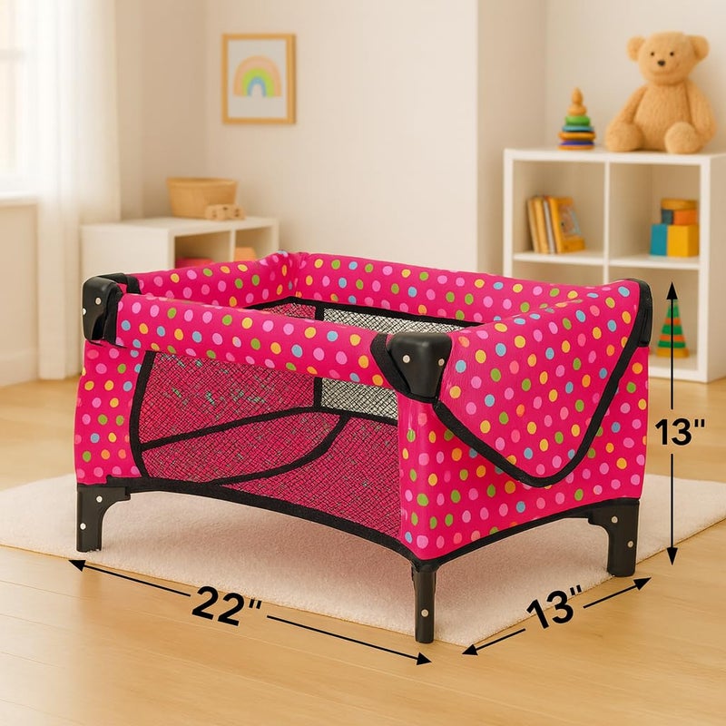 fash n kolor Doll Playpen & Crib â€“ 22" Pink Polka Dot Baby Doll Crib Foldable Baby Doll Play Yard with Mesh Sides â€“ Fits 18" Dolls, Pretend Nursery Accessory for Kids - Image 3