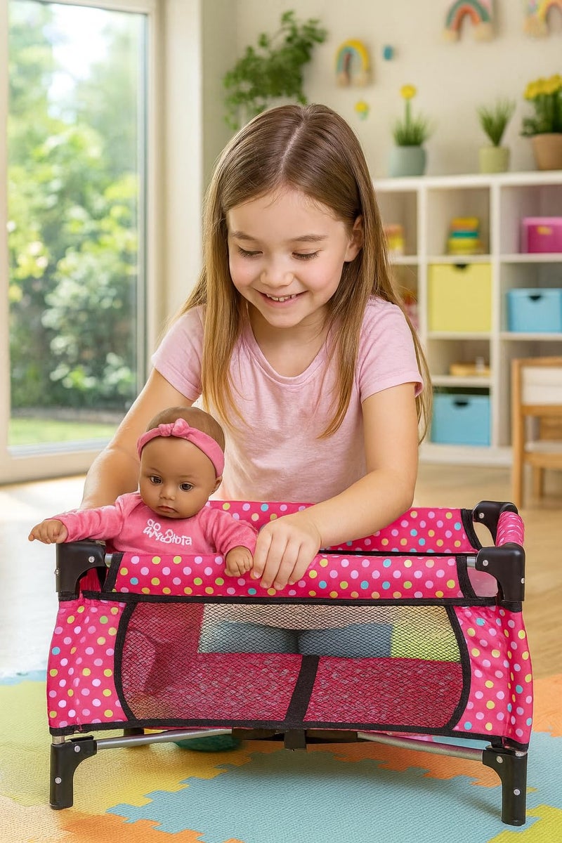 fash n kolor Doll Playpen & Crib â€“ 22" Pink Polka Dot Baby Doll Crib Foldable Baby Doll Play Yard with Mesh Sides â€“ Fits 18" Dolls, Pretend Nursery Accessory for Kids - Image 2